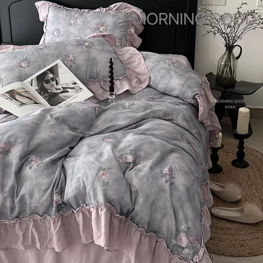 【MORNING GOOD】法式小众复古数码印花双层纱荷叶花边款优雅四件套
