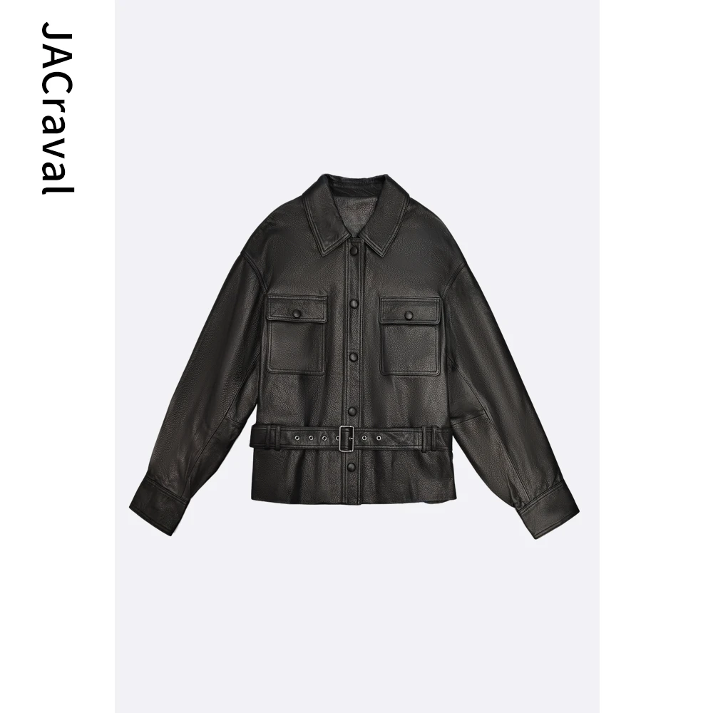 JACRAVA【都市斜影】L长袖皮衣女士油蜡皮夹克PW-06000