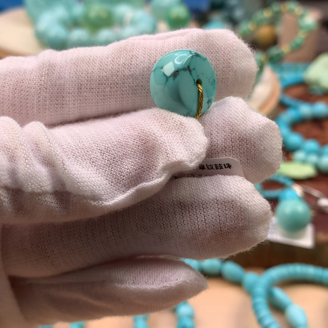 绿松石未镶嵌珠宝奇石高瓷绿水草纹鼓珠14.2*8.8mm