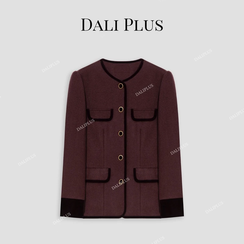 DALI PLUS苏力羊驼+羊.毛车厘子红丝绒箱型小香风外套-D4HN0014-1