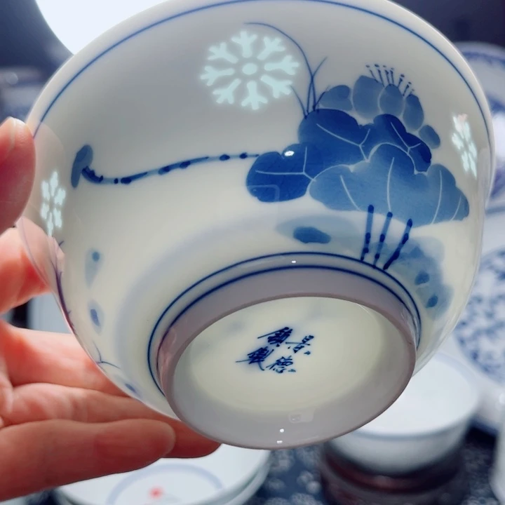青花玲珑5寸饭碗手绘荷花