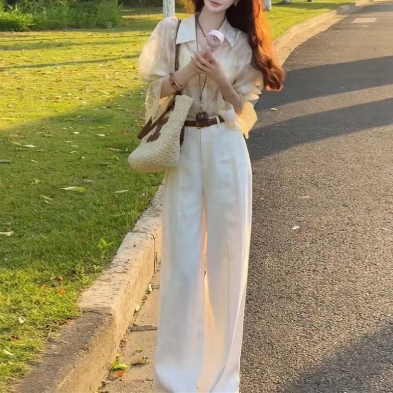 2025夏季五一出游一整套女贵气感御姐穿搭时尚衬衫阔腿裤两件套装