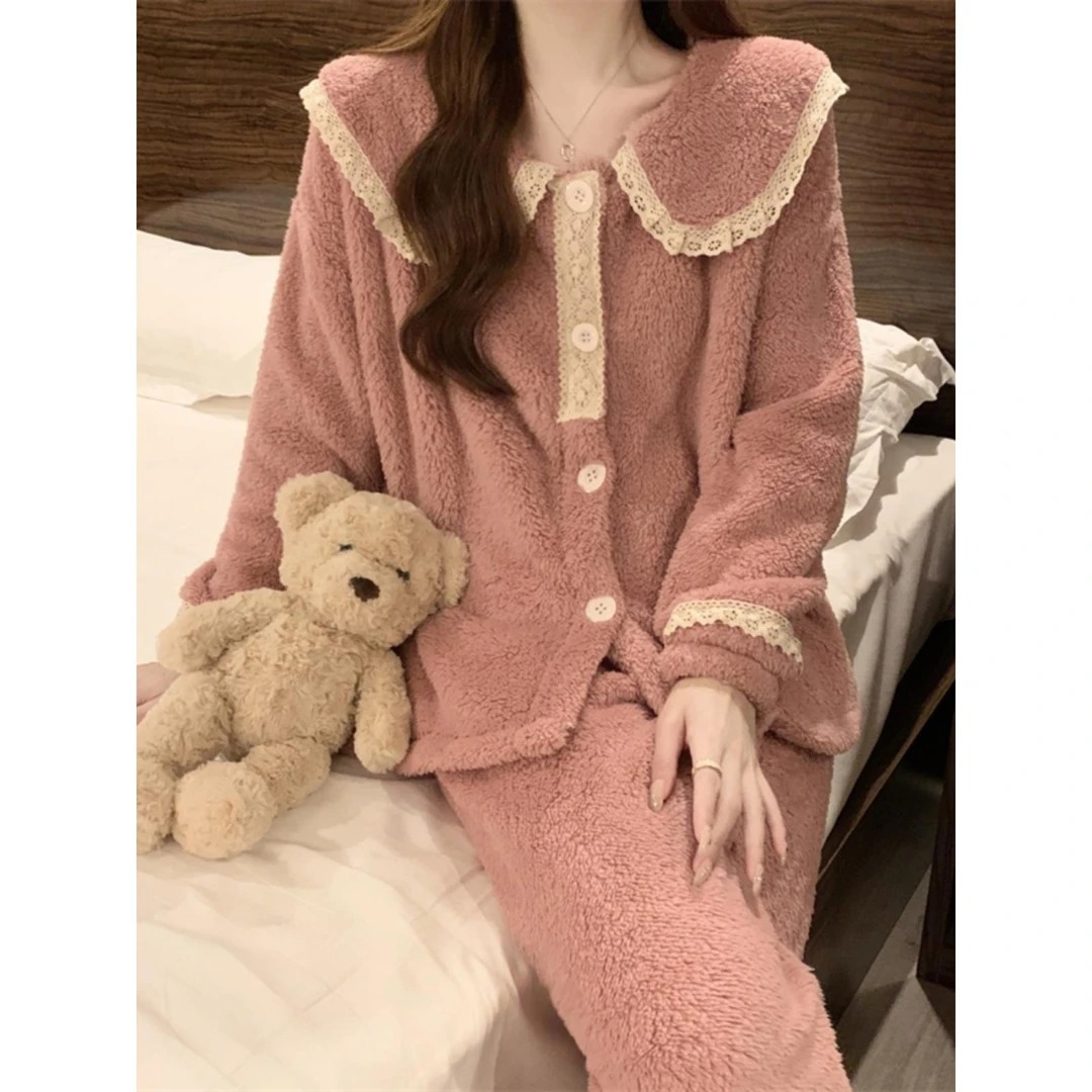 FAVMARTHA2025新款秋冬睡衣女式珊瑚绒加厚可穿法兰绒家装套装