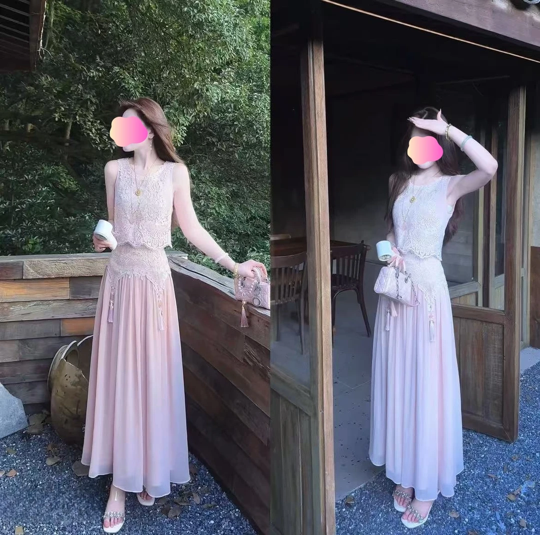 相逢时节2025年夏季新中式气质显瘦蕾丝无袖上衣+半身裙两件套装