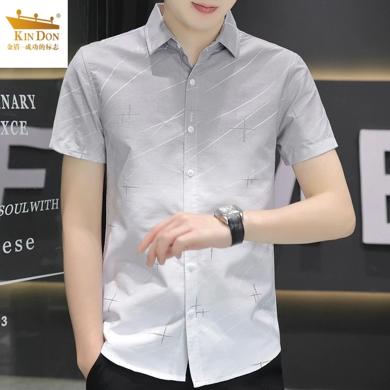 金盾 帅气新款短袖衬衫男夏季潮流修身衬衣印花百搭薄款寸衫男
