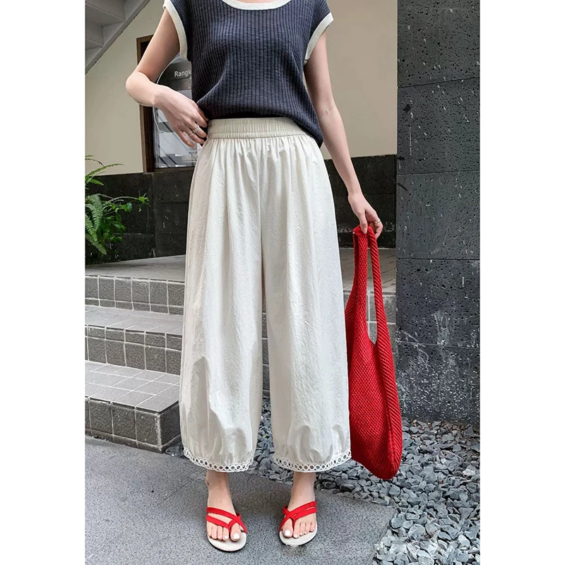 （镂空花边灯笼裤）夏季新款时尚洋气设计感高腰休闲九分裤D