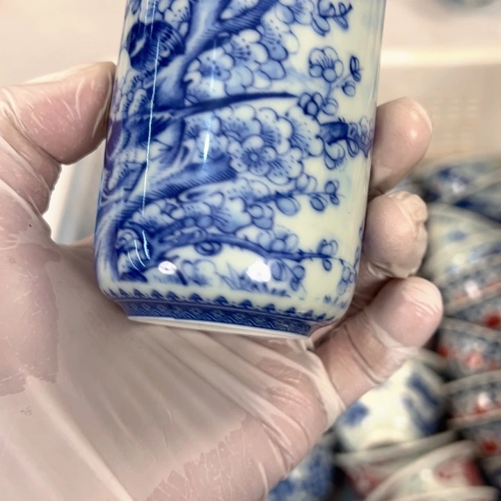 瓷片白青花喜上眉梢直筒杯可乐全品