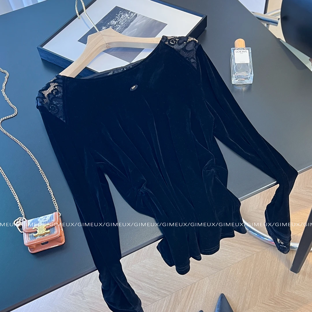 性感蕾丝拼接丝绒长袖T恤女2025春秋款内搭修身气质百搭打底上衣