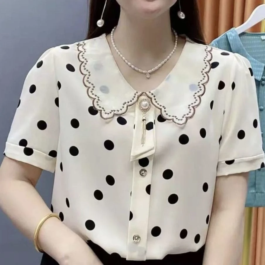 高档衬衫女2022春夏季新款中老年妈妈遮肚遮肉娃娃领印花套头上衣