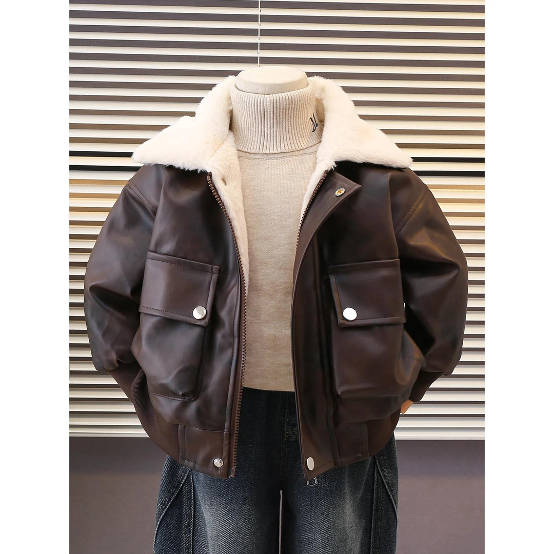 范哲萨男童皮衣外套加绒加厚秋冬2025新款冬季夹克宝宝冬装小童机