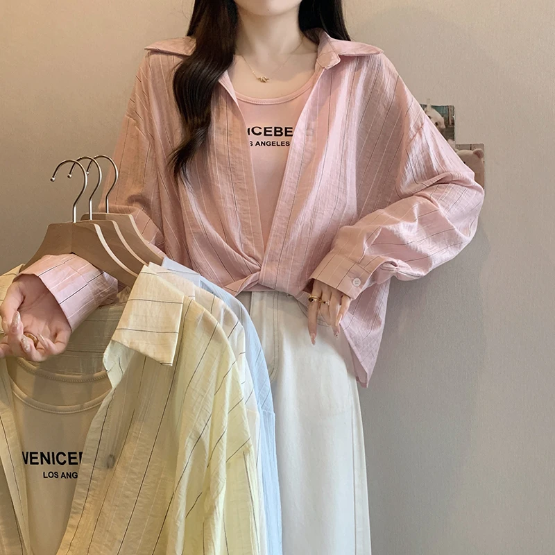 夏装新款大码女装胖妹妹休闲百搭遮肚字母吊带背心防晒衬衫两件套