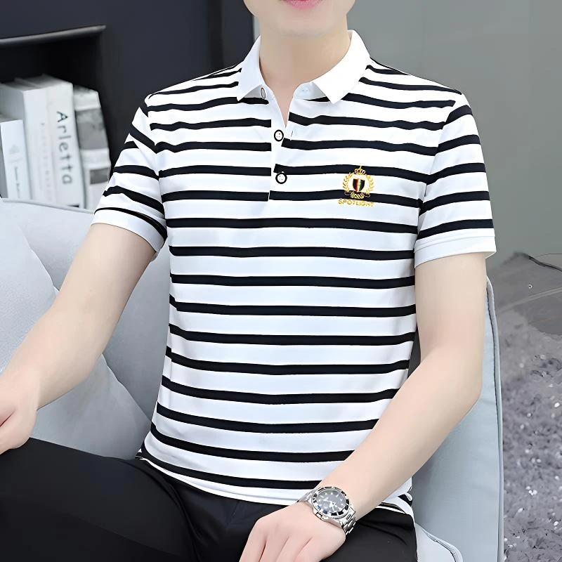 夏季冰感男士polo衫潮流百搭翻领短袖男t恤商务休闲黑白条纹半袖