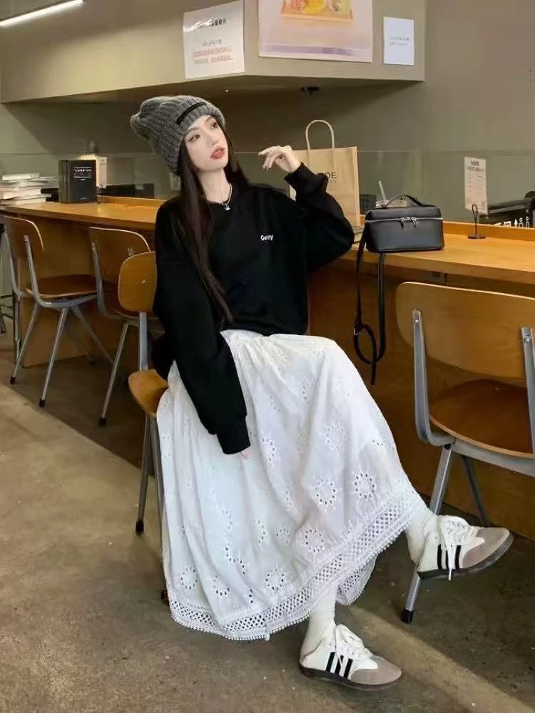 钩花镂空 复古高腰A字大摆裙 文艺范中长款半身裙