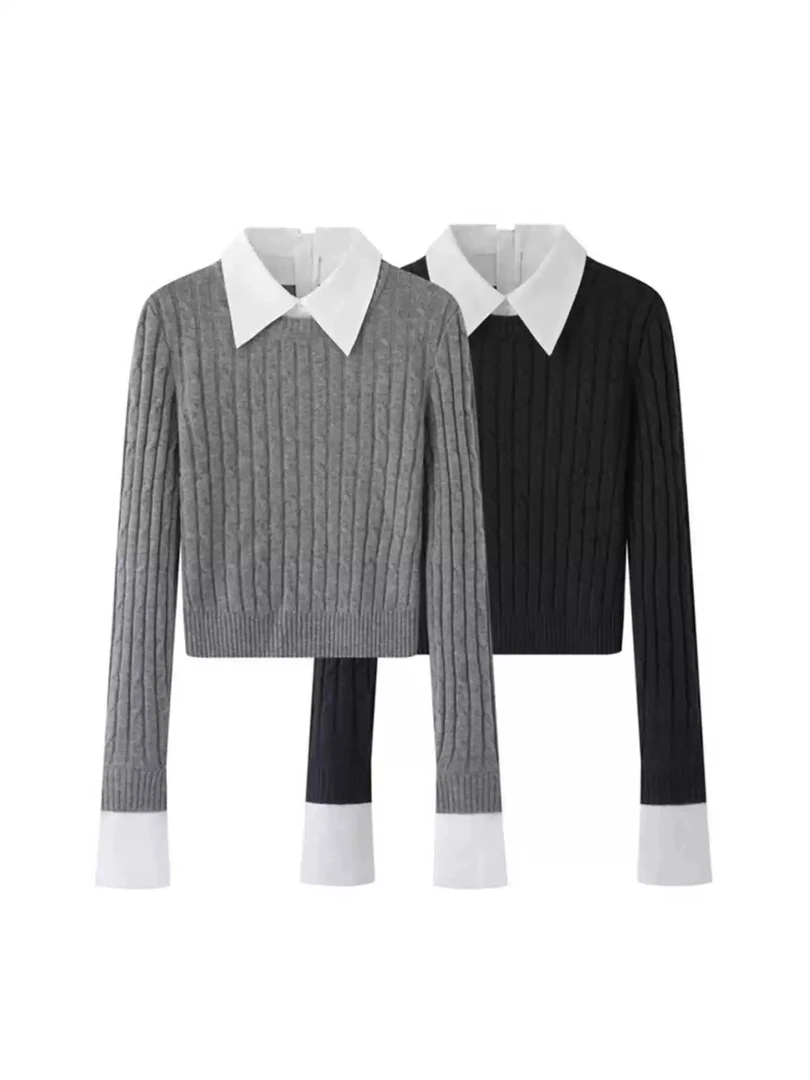 艾家2025秋季新款百搭黑白拼接假两件针织衫女803015