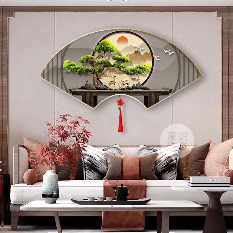 迎客松客厅装饰画新中式沙发背景墙挂画简约扇形茶室办公室壁画