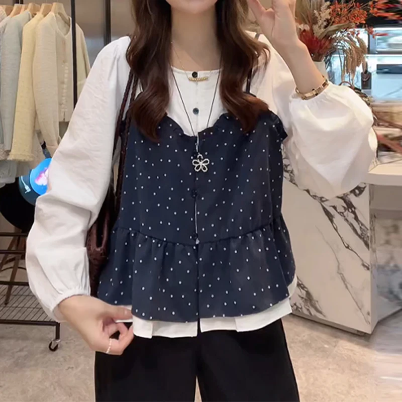 早秋新款韩版设计感小众假两件衬衫大码胖mm减龄撞色显瘦洋气上衣