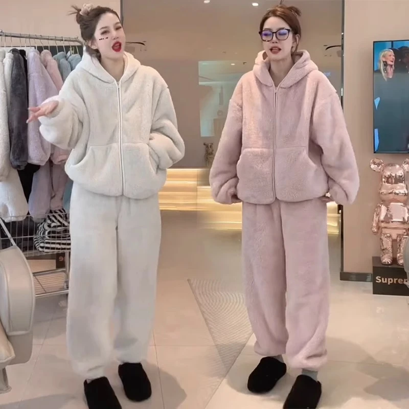 2025冬季新款时尚珊瑚绒睡衣女装韩版宽松加绒加厚家居服两件套装
