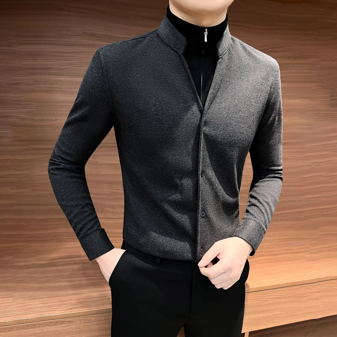 立领假两件毛呢衬衫长袖男款秋冬成熟痞帅男装半拉链V领男士衬衣