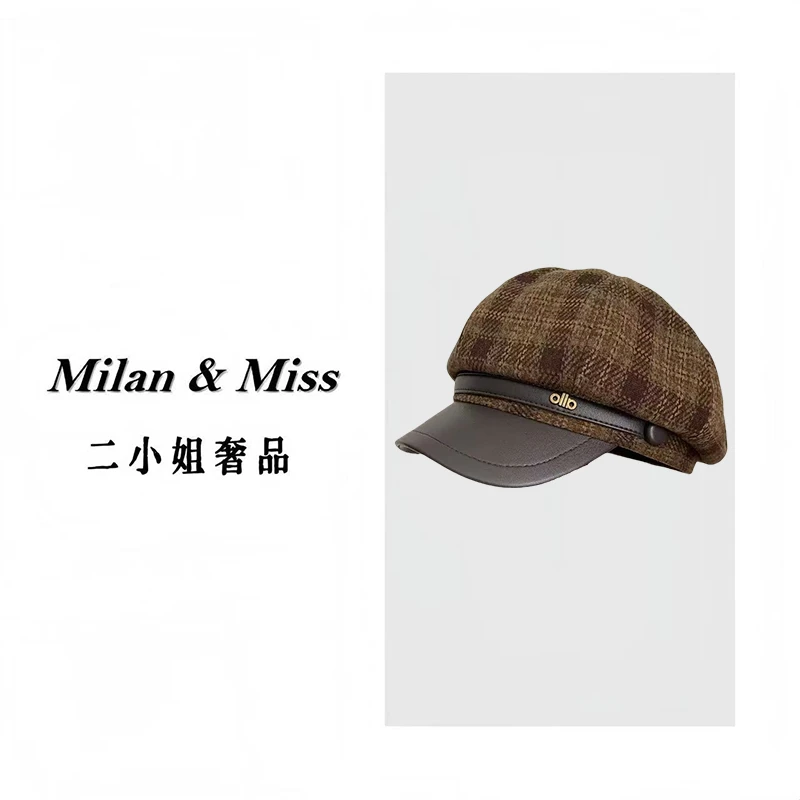 秋冬轻奢时尚字母A标格纹八角帽