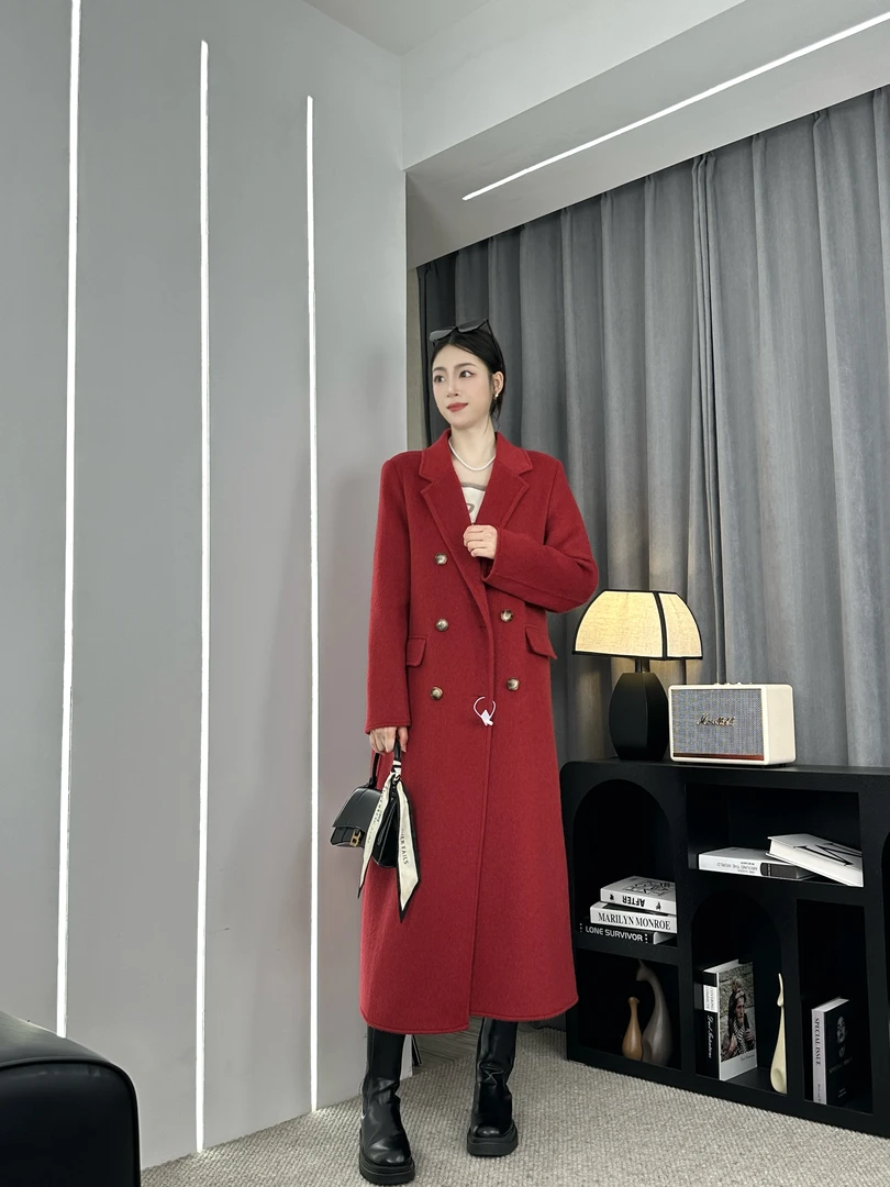 2025新年迎春休闲宽松立领腰带正肩百款双面羊毛大衣毛呢外套