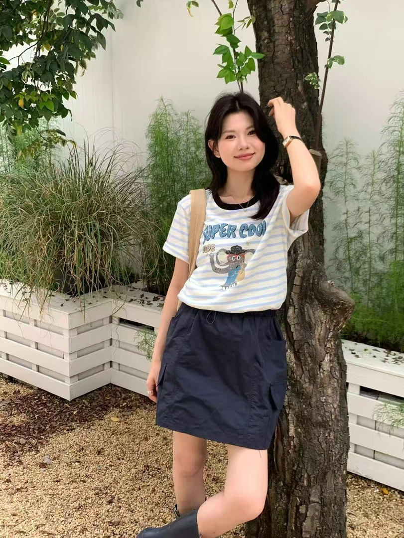 【可爱小象】韩系撞色条纹薄款舒适短袖T恤55069  衣长58