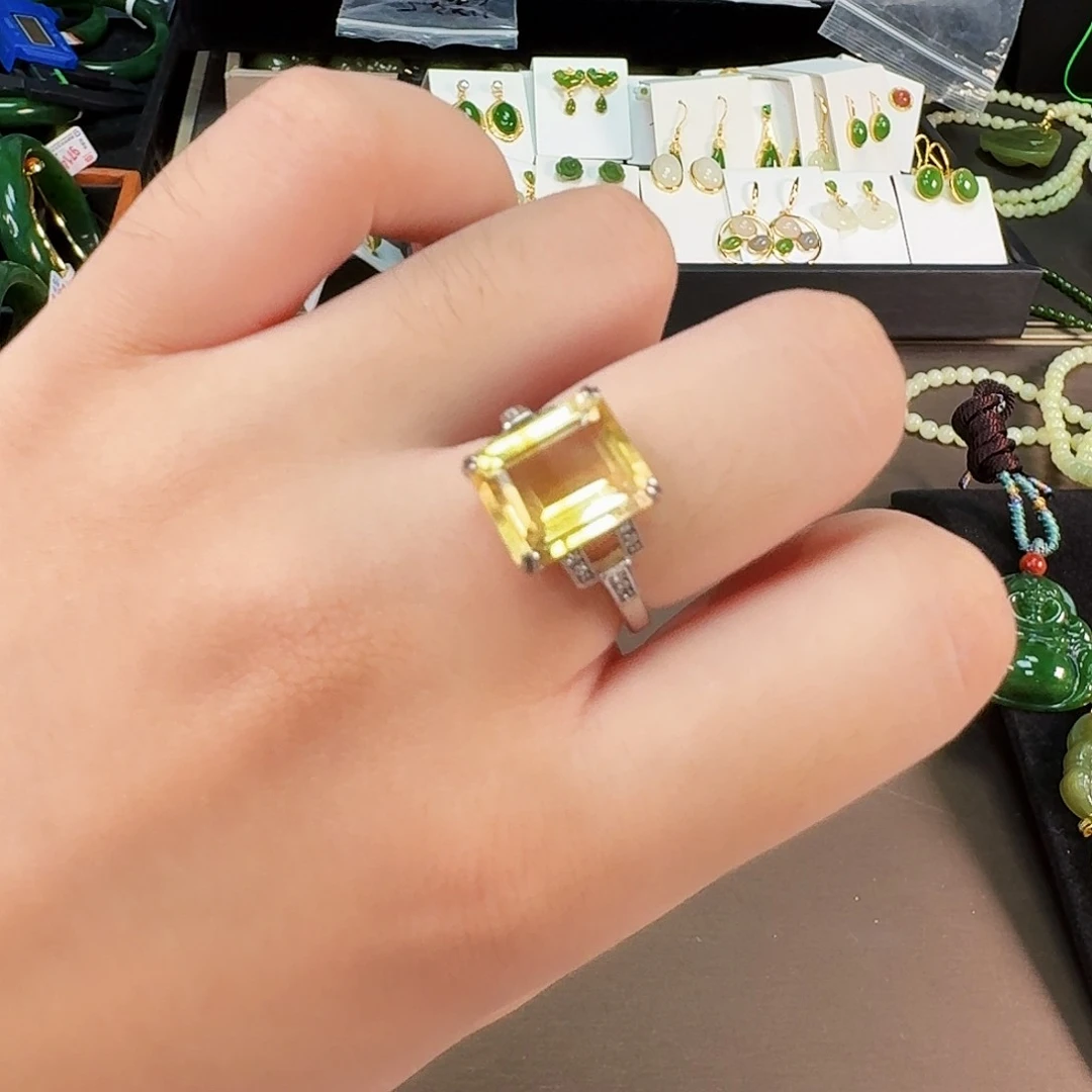 黄晶戒指银S925镶嵌方形款戒指