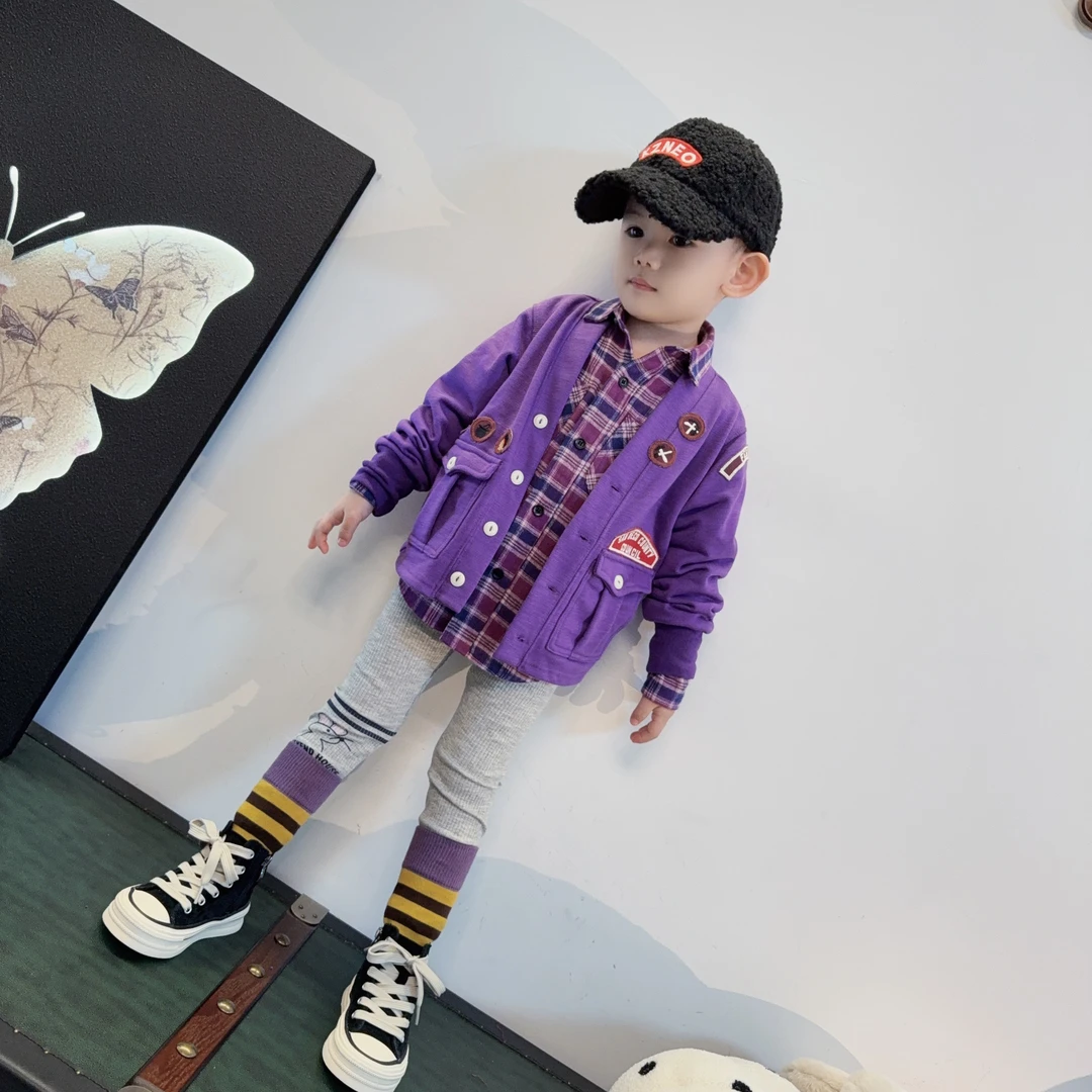 濮六六童装  男女童日系DD重工贴布紫色竹节棉毛圈卫衣开衫