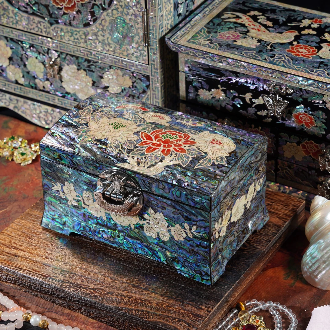 国色芳华高足款螺钿漆器首饰盒实木结婚礼物新婚陪嫁礼品收纳摆件