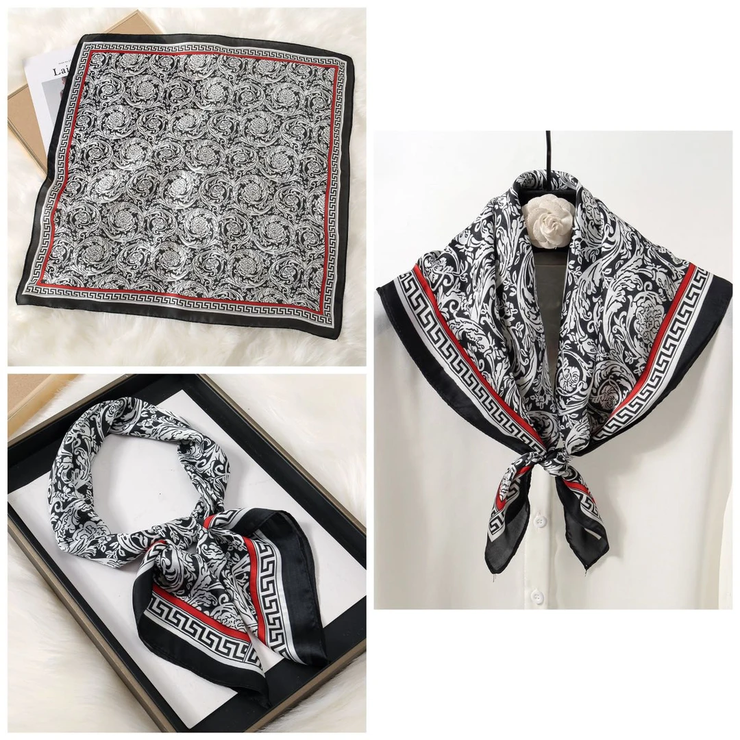 【墨韵红边】时尚新款小方巾F245春夏丝缎布料面料丝巾防嗮