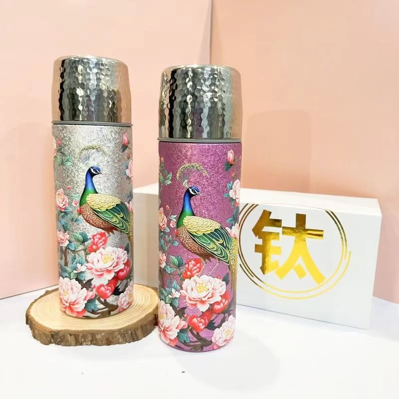 国潮孔雀覆钛保温杯茶水分离泡茶杯便携水杯新中式内外覆钛保温杯