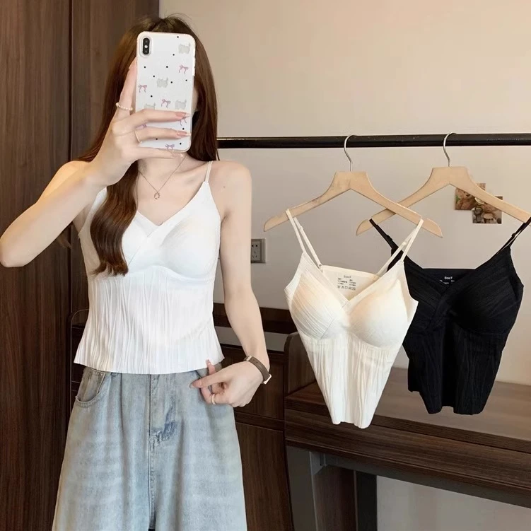 法式吊带背心女夏季甜辣交叉带胸垫抹胸内衣性感美背内搭打底上衣
