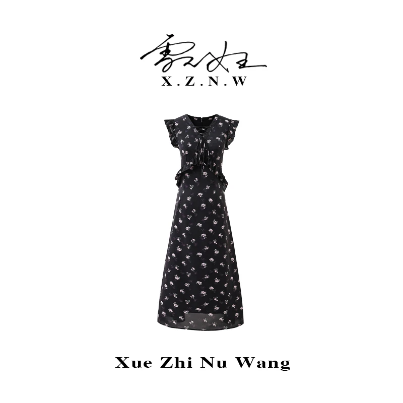 XZNW/雪之女王【花间蜜语】设计师碎花小飞袖荷叶边无袖显瘦连衣裙