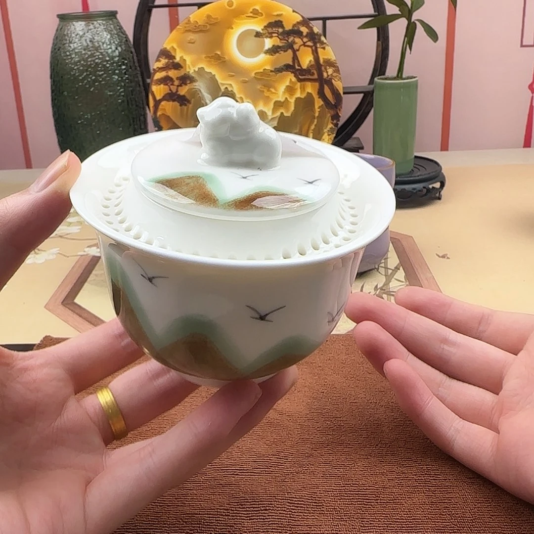 羊脂玉手绘360盖碗