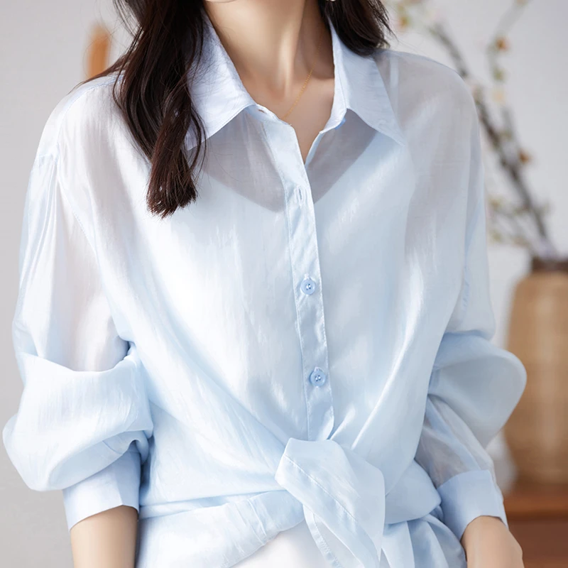 莱赛尔天丝蓝色防晒衬衫外套女夏薄宽松外搭衬衣中长款开衫空调衫