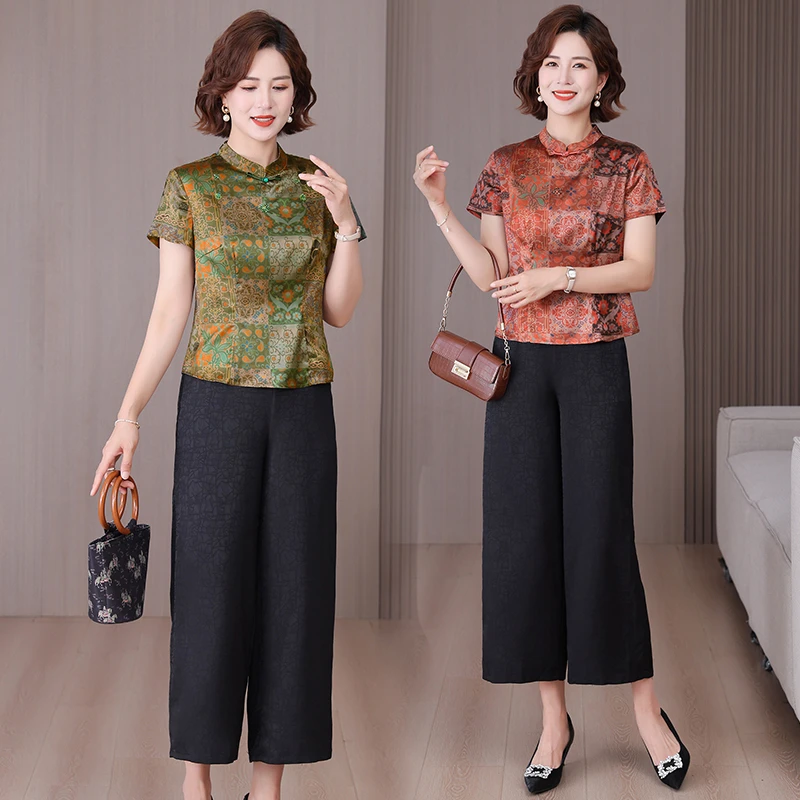 新中式中老年小个子妈妈装上衣女短款时尚复古阔腿裤套装中式小衫