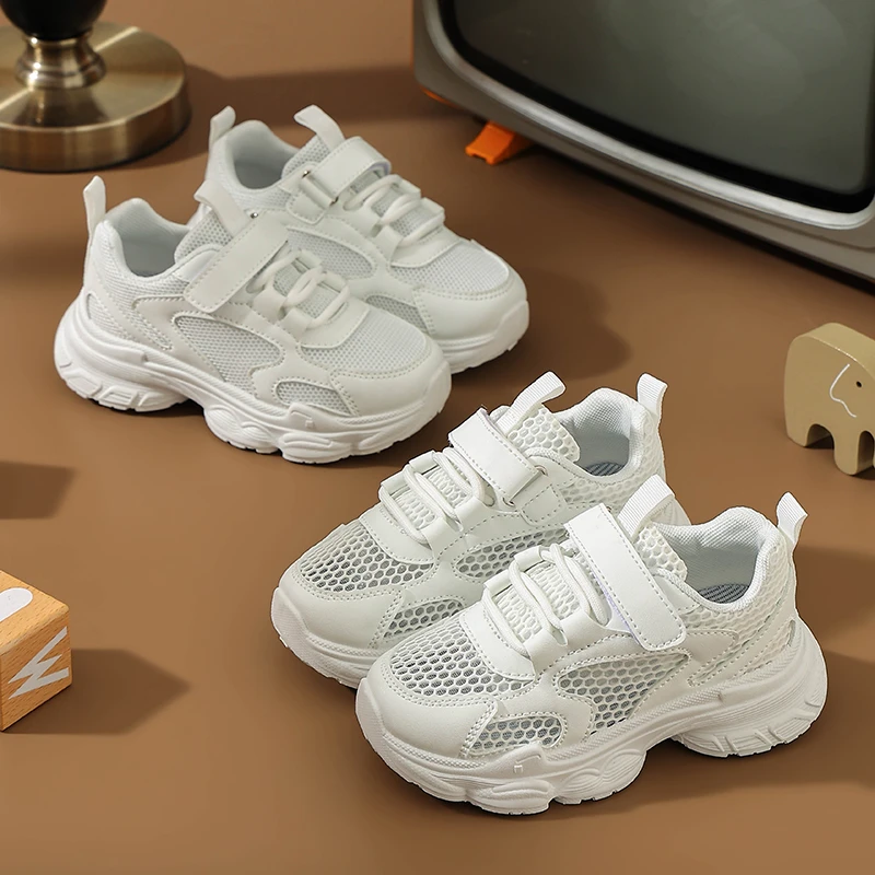 小黄鸭男童运动鞋儿童六一表演小白鞋魔术贴白鞋网面透气女童跑步