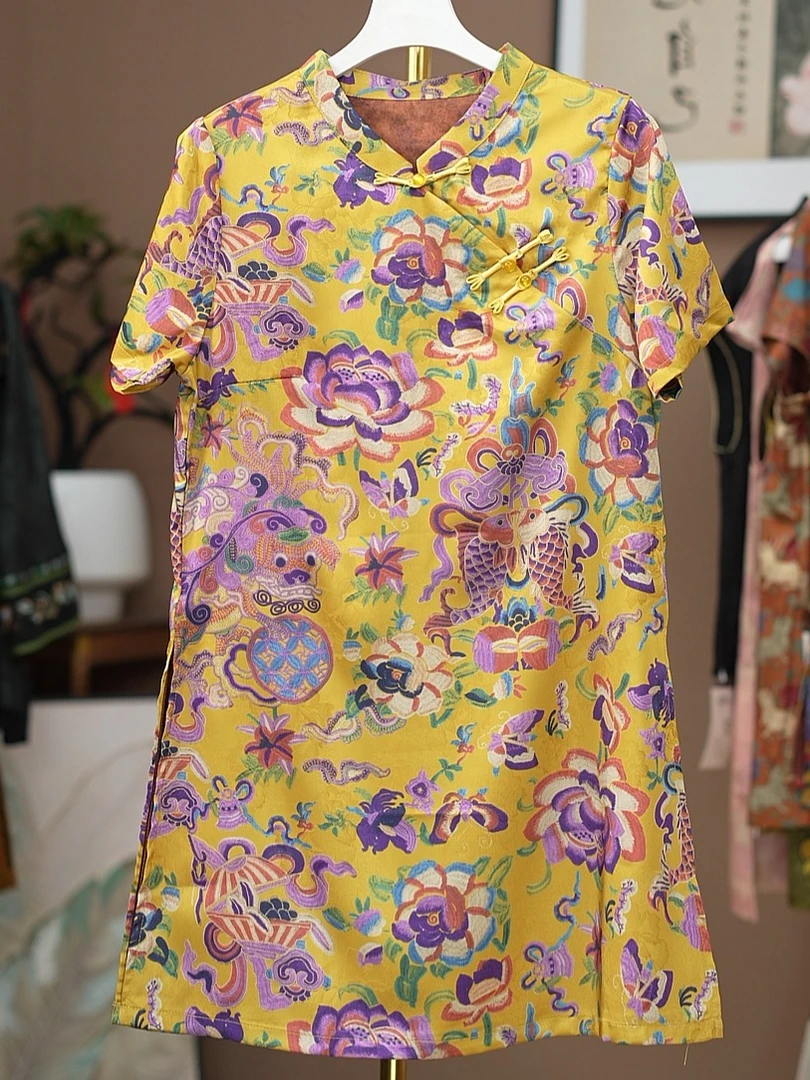 2025夏装新款新中式女装改良连衣裙复古印花真丝香云纱开衩