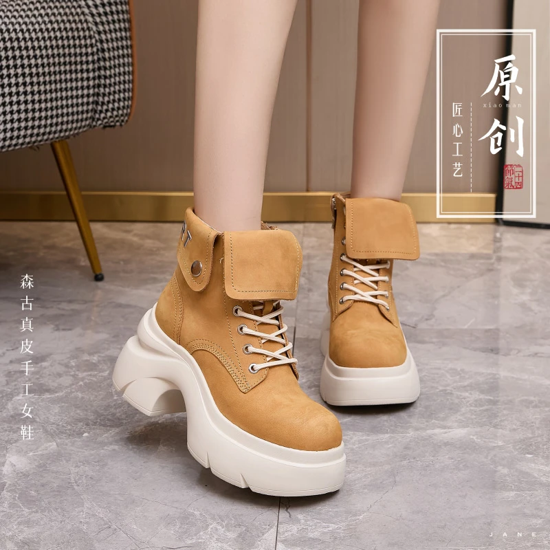 34-39码8公分森古原创厚底增高方头牛皮侧拉链粗跟超轻女短靴
