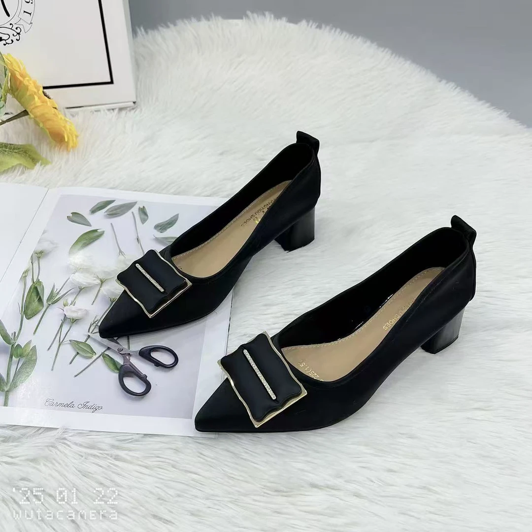 083-65 新款法式浅口高跟鞋女粗跟尖头百搭单鞋