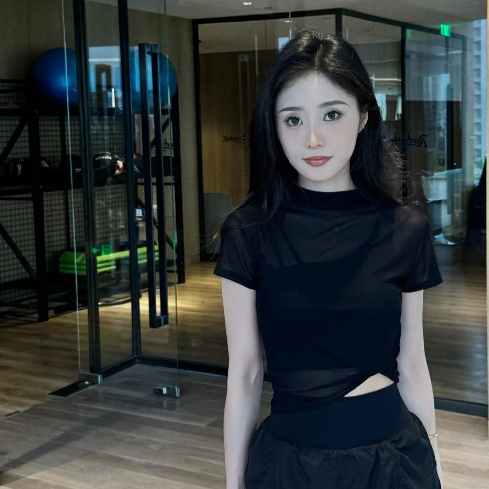 【妩媚纱纱】炎炎夏日必备黑色上衣超透气瑜伽健身外穿搭配网纱运动