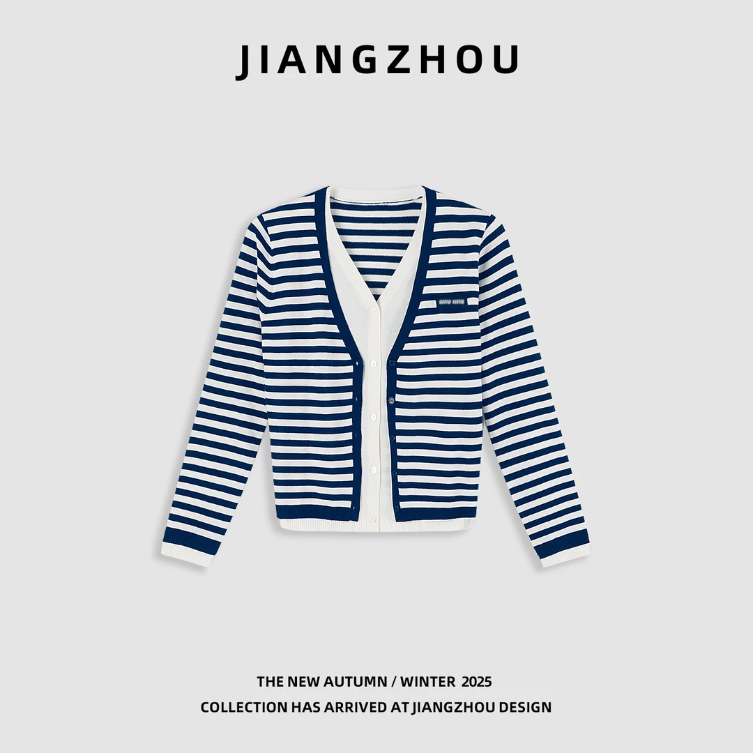 江洲【风范】秋季新款时尚精致假两件条纹设计款长袖羊毛毛织开衫