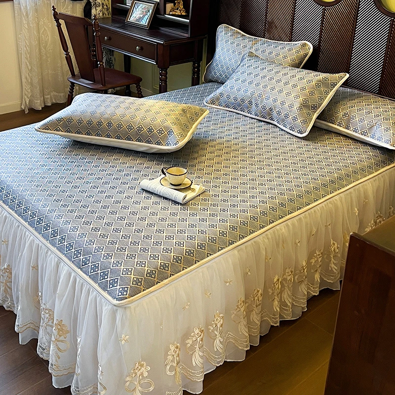 夏季蕾丝床裙凉席三件套1.5m加厚可折叠冰藤席1.8m床罩冰丝席藤席