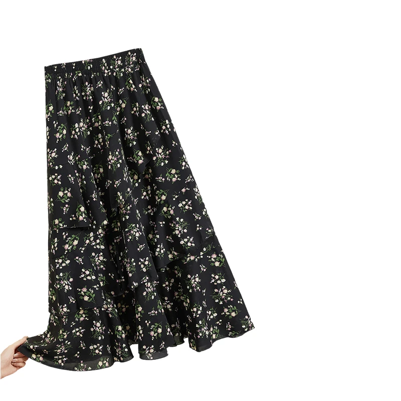 她池2025冬季新款女装松紧腰荷叶边中长款A字碎花半身裙T51B0895B