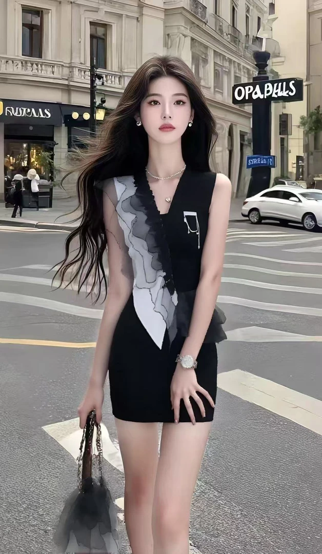 新款法式轻奢优雅别致设计感无袖V领连衣裙时尚小众氛围感女装