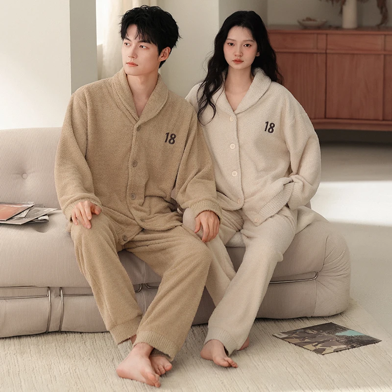 2025新款半边绒情侣睡衣秋冬季加厚加绒珊瑚绒保暖开衫家居服套装