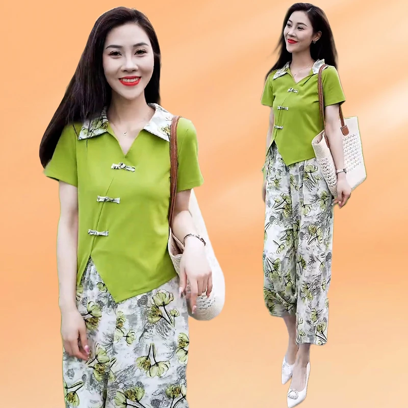 新中式时尚碎花套装女2025年夏季新款休闲小个子短袖阔腿裤两件套