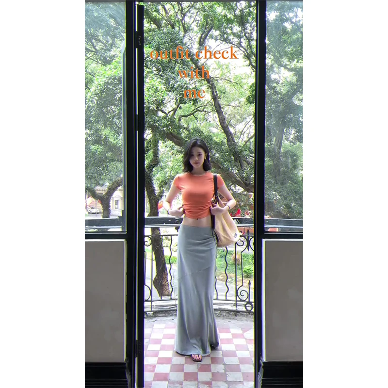 圆领纯色简约辣妹正肩气质设计感上衣T恤百搭显瘦包臀垂感半身裙