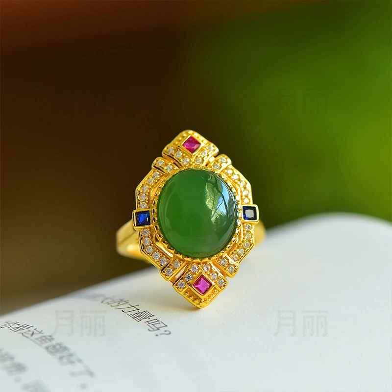 夏季新品 和田玉碧玉戒指女925银气质轻奢时尚复古活口开口戒礼物