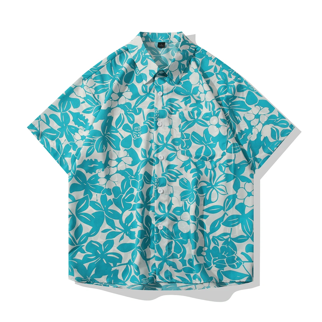 夏日清凉感冰丝花衬衫男士度假风小碎花宽松休闲薄款沙滩短袖衬衣