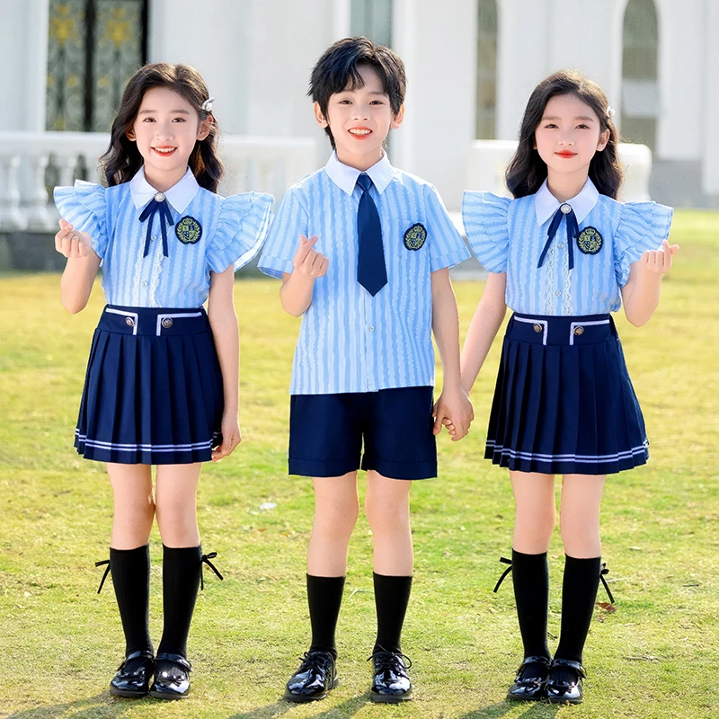2025新品英伦风浅蓝条纹时尚轻薄小学生校服儿童班服园服毕业礼服
